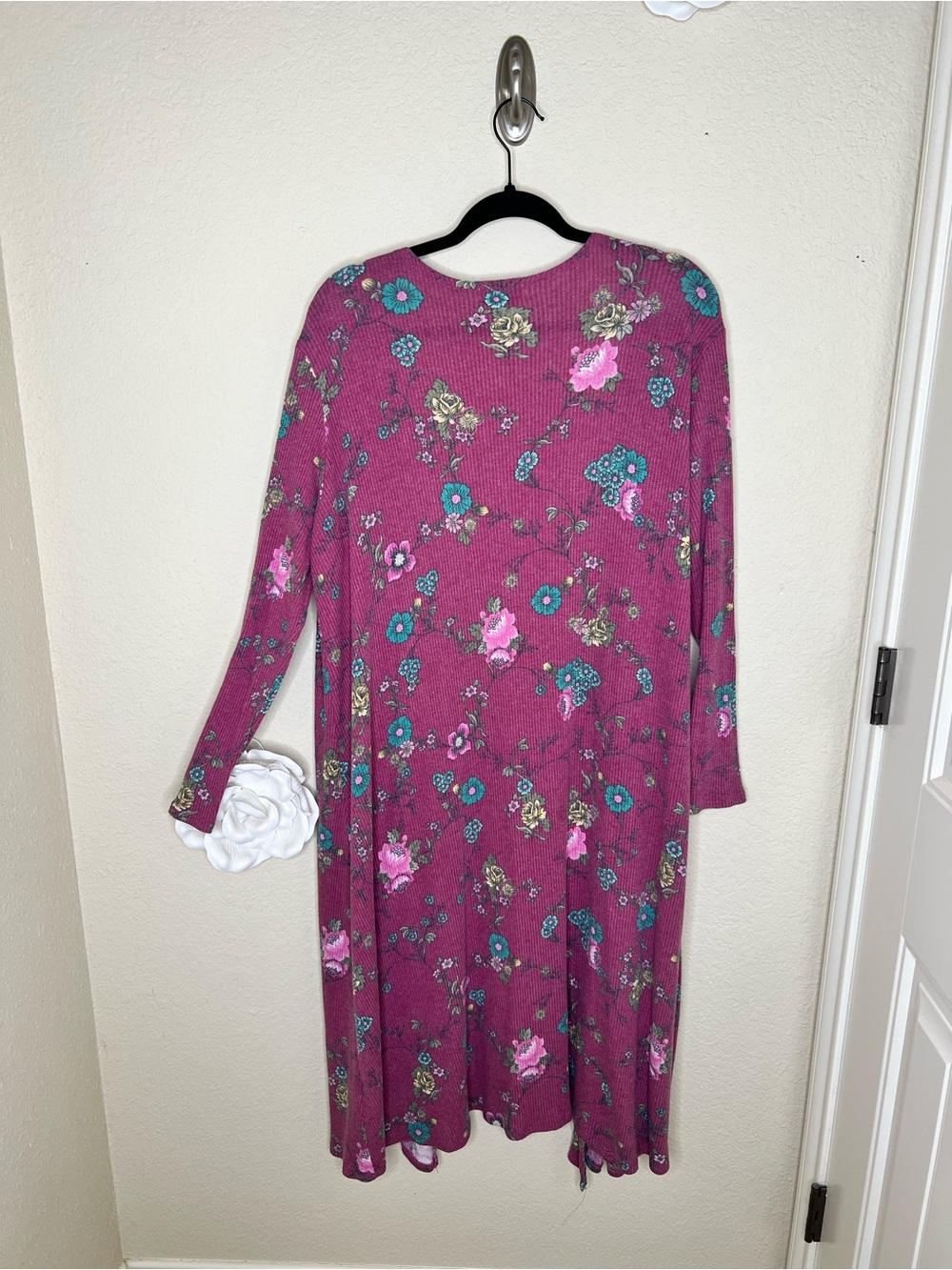 NTM: LuLaRoe Sarah Floral Duster Cardigan Large Pink Ribbed Open Front Pocketed - Picture 8 of 13